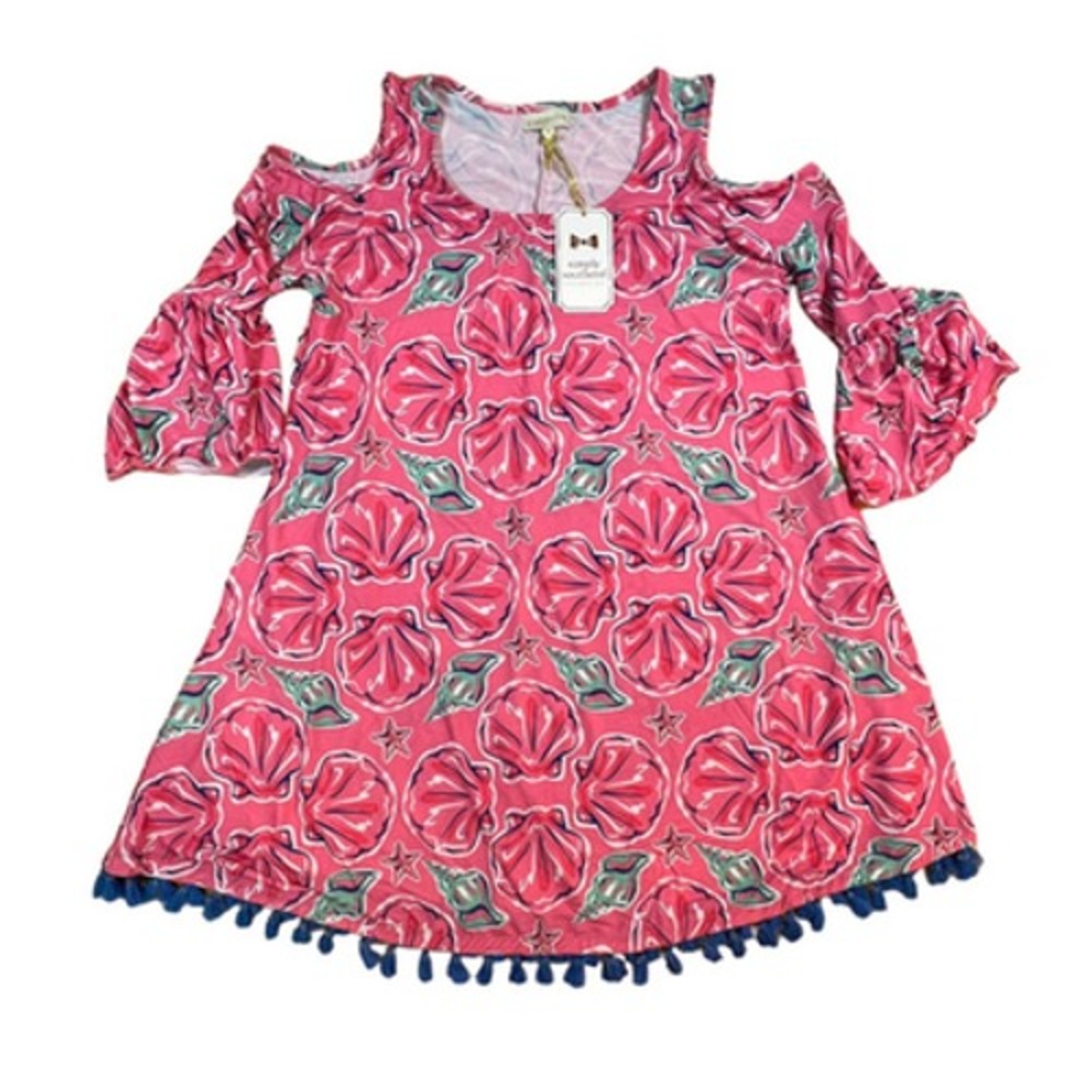 NWT Simply Southern Shell Dress Women Medium Pink Cold Shoulder Tassel Coastal